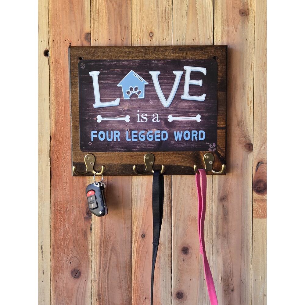 Dog Leash / Key Holder, Solid Wood, Handmade, 3 Hooks, New